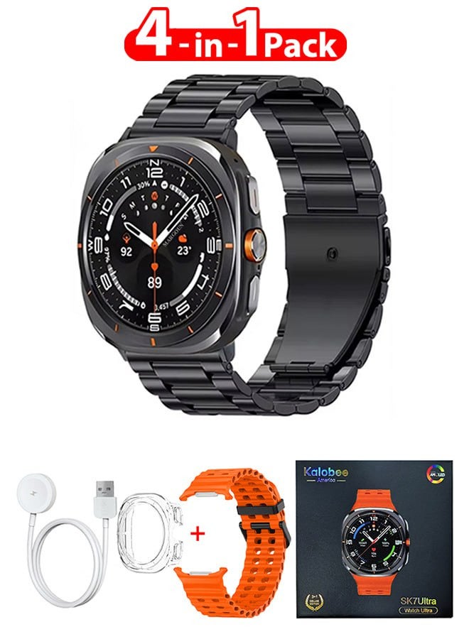 Kalobee حزمة ساعة SK7 الذكية الفائقة مع ملحقات تشمل 1 حزام من الفولاذ المقاوم للصدأ الأسود 1 حزام سيليكون برتقالي وكابل شحن وحافظة واقية من TPU - Image 1