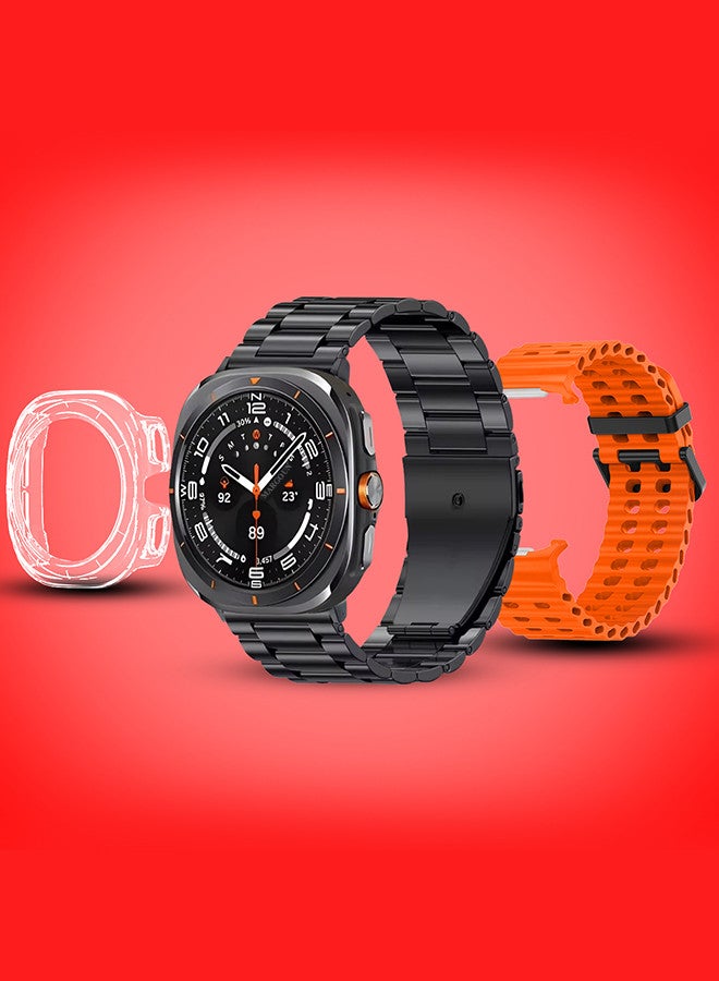 Kalobee حزمة ساعة SK7 الذكية الفائقة مع ملحقات تشمل 1 حزام من الفولاذ المقاوم للصدأ الأسود 1 حزام سيليكون برتقالي وكابل شحن وحافظة واقية من TPU - Image 2