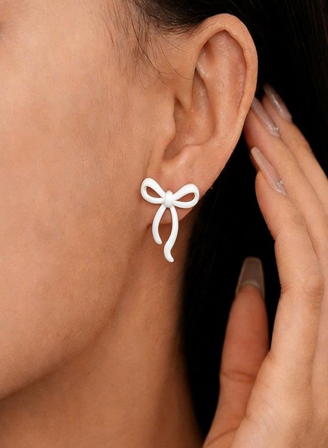Novearring White Bow Earrings for Women Dressy, Elegant Wedding Bow Jewelry, Enamel White Ribbon Statement Earrings for Formal Wedding Guest Dresses - Image 2