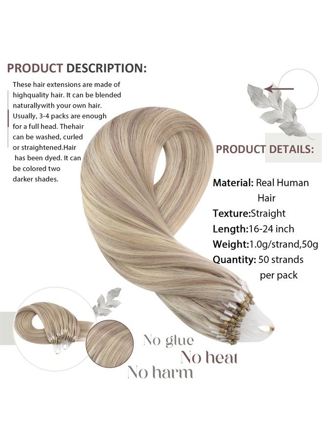 Moresoo مايكرو حلقة الشعر البشري ملحقات الرماد شقراء تسليط الضوء على التبييض شقراء ميكروبيدات الشعر الشعر البشري 16 بوصة مايكرو حلقة الشعر ملحقات الشعر البشري شقراء 50G 50S #P18/613 - Image 5