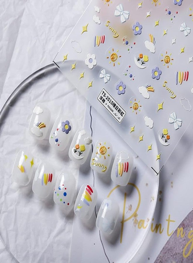 Dedyel Rainbow Party 5D Embossed Self-adhesive Nail Art Stickers Decals Cute for Kids Including Faces Balloons Stars Fingernail Decal Little Girls Women Decoration Fun(3 Sheets) - Image 3