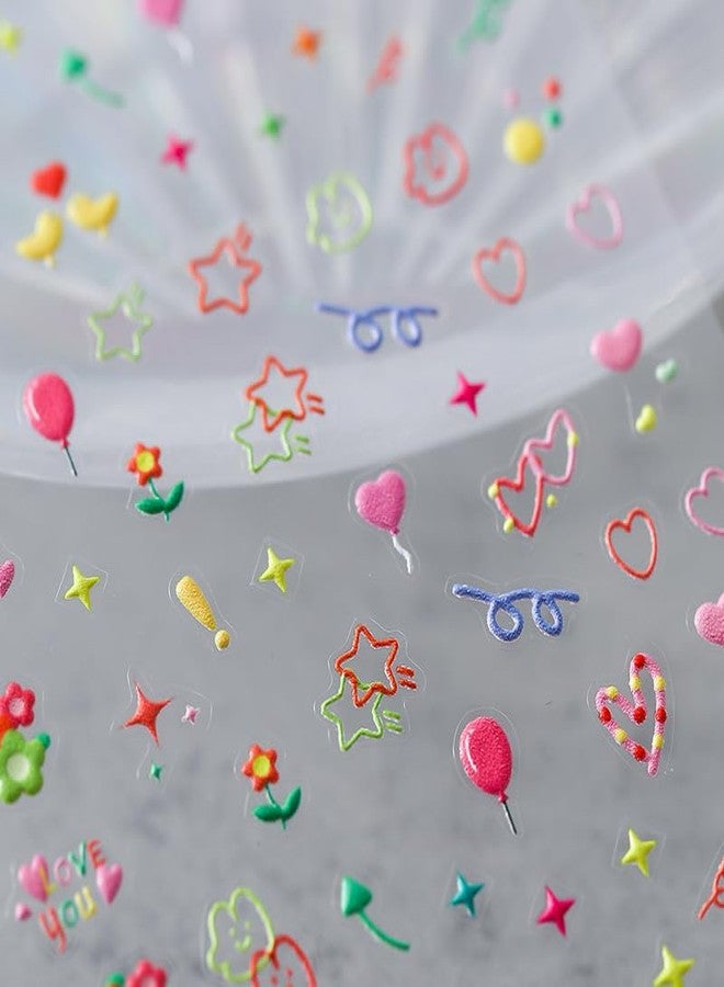 Dedyel Rainbow Party 5D Embossed Self-adhesive Nail Art Stickers Decals Cute for Kids Including Faces Balloons Stars Fingernail Decal Little Girls Women Decoration Fun(3 Sheets) - Image 4