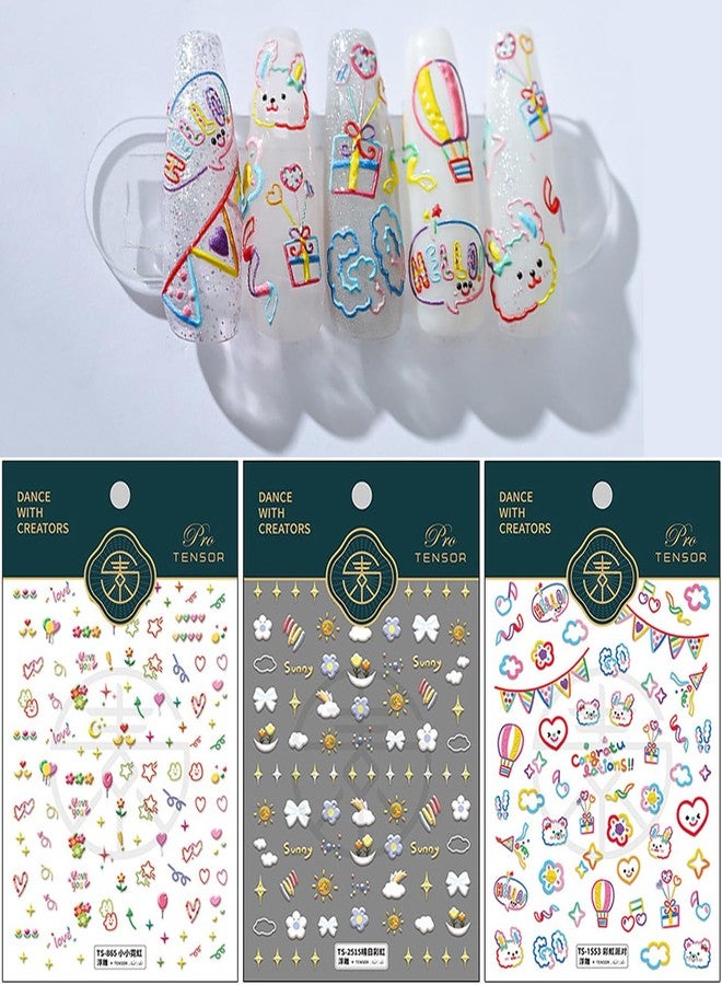 Dedyel Rainbow Party 5D Embossed Self-adhesive Nail Art Stickers Decals Cute for Kids Including Faces Balloons Stars Fingernail Decal Little Girls Women Decoration Fun(3 Sheets) - Image 2