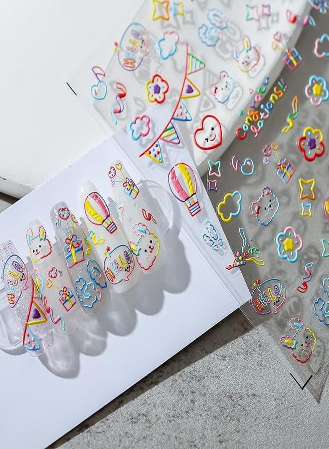 Dedyel Rainbow Party 5D Embossed Self-adhesive Nail Art Stickers Decals Cute for Kids Including Faces Balloons Stars Fingernail Decal Little Girls Women Decoration Fun(3 Sheets) - Image 1