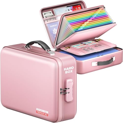 BigPonPon Fireproof Document Box, Hard Case Highly Flame-Resistant Fire Proof Waterproof File Organizer with Lock, Portable Fire Safe for Important Documents & Valuables Storage (Pink, ‎14"*11"*5") - Image 1
