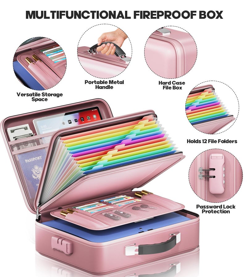 BigPonPon Fireproof Document Box, Hard Case Highly Flame-Resistant Fire Proof Waterproof File Organizer with Lock, Portable Fire Safe for Important Documents & Valuables Storage (Pink, ‎14"*11"*5") - Image 5