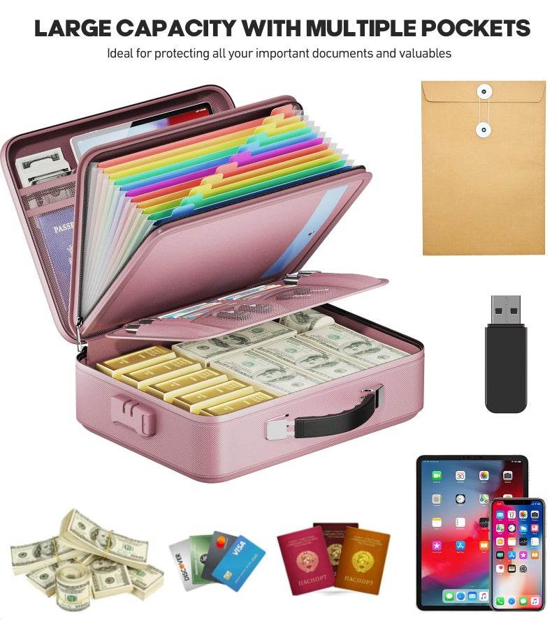 BigPonPon Fireproof Document Box, Hard Case Highly Flame-Resistant Fire Proof Waterproof File Organizer with Lock, Portable Fire Safe for Important Documents & Valuables Storage (Pink, ‎14"*11"*5") - Image 3