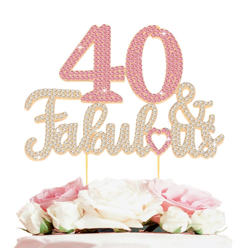 LASKYER 40 & Fabulous Gold & Pink Rhinestone Cake Topper - Happy 40th Birthday Cheers to Forty Years Old Bday Party Metal Sparkly Food Centerpieces Topper Decorations Keepsake. - Image 1