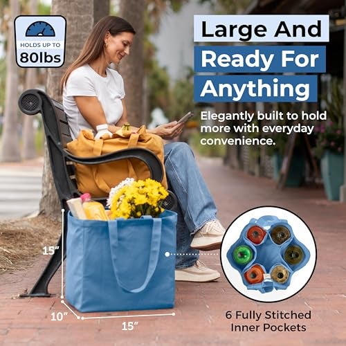 VeraMia Canvas Grocery Bag 3pc Jumbo Set with Real Pockets, Long Shoulder Strap and Short Handle. Reusable Shopping Bags for Groceries Heavy Duty, Foldable, Washable, Grocery Tote Bag (Sky Blue) - Image 2