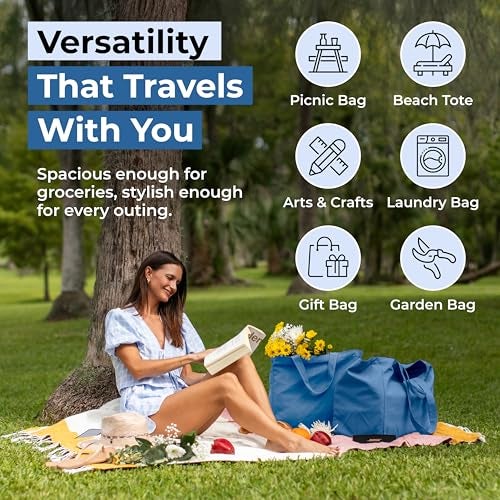 VeraMia Canvas Grocery Bag 3pc Jumbo Set with Real Pockets, Long Shoulder Strap and Short Handle. Reusable Shopping Bags for Groceries Heavy Duty, Foldable, Washable, Grocery Tote Bag (Sky Blue) - Image 5