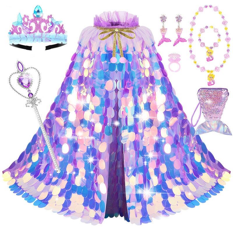 LIMIROLER Princess Dress Up Toys Princess Dress Up Clothes Rainbow Mermaid Cape Kit 9 Pcs Gift Set for Little Girls 38 Years Old Great Gift Set for Birthday Christmas Halloween Purple - Image 2