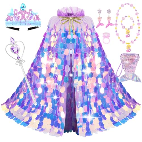 LIMIROLER Princess Dress Up Toys Princess Dress Up Clothes Rainbow Mermaid Cape Kit 9 Pcs Gift Set for Little Girls 38 Years Old Great Gift Set for Birthday Christmas Halloween Purple - Image 1