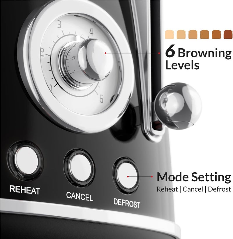Feller Germany, Retro Style 2-Slice Toaster, 815 W, Steel Body, Dust Cover & foldable Bun Warmer,Defrost, Reheat & Cancel Function,Removable Crumb Tray, TO290, 2Y Guarantee, KSA Version (Glossy Black) - Image 4