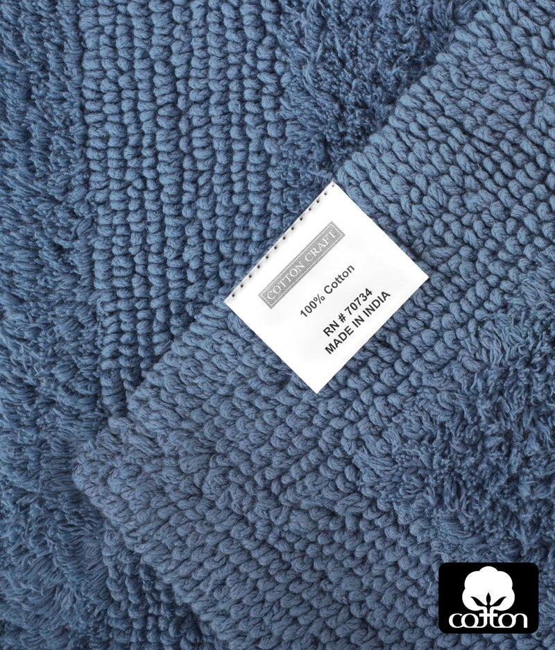 COTTON CRAFT Luxurious Bath Mat Rug - Set of 2 Reversible Heavyweight Step Out Bath Mats for Bathroom Floor, Tub and Shower - Pure Cotton Soft Plush Absorbent Tufted Racetrack Mat - 17x24 - Azure Blue - Image 5