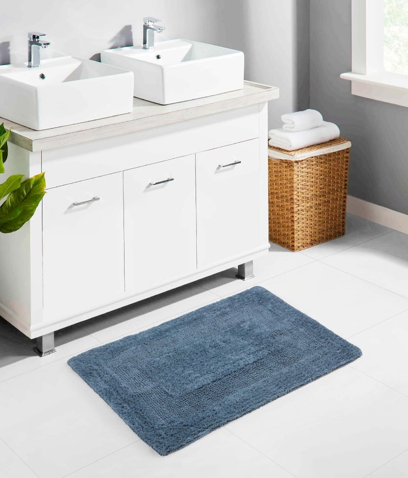 COTTON CRAFT Luxurious Bath Mat Rug - Set of 2 Reversible Heavyweight Step Out Bath Mats for Bathroom Floor, Tub and Shower - Pure Cotton Soft Plush Absorbent Tufted Racetrack Mat - 17x24 - Azure Blue - Image 2