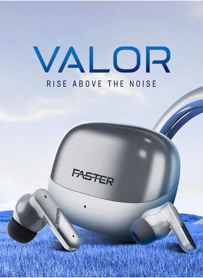 Faster - Valor Wireless Earbuds with Active Noise Cancellation (ANC) - 36 Hours Playtime with Bluetooth 5.3 - HiFi Stereo Sound Airpods - Gaming Bluetooth Earphones with Ultra-Low Latency - Deep Bass, IPX4 Water Resistant - For Exercise, Gym - Compatible with iPhone & Android (Silver) - Image 1