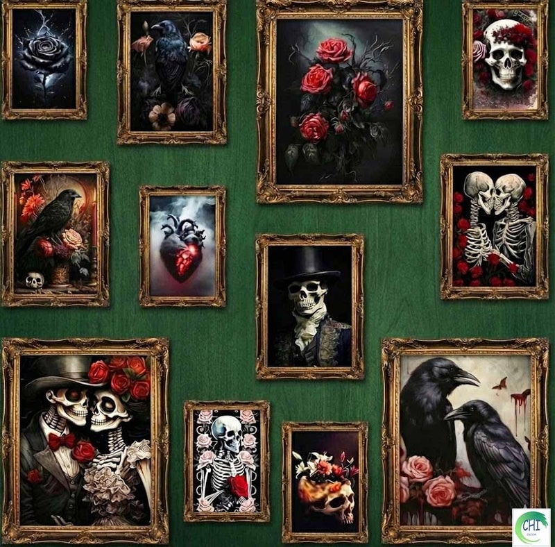 LANCHI95 Romantic Gothic Wall Art, Gothic Home Decor, Wall Art Skull Poster, Halloween Prints Black Raven Decor, Spooky Gallery Prints Moody Floral Aesthetic Pictures for Bedroom (12PCS - UNFRAMED) - Image 1
