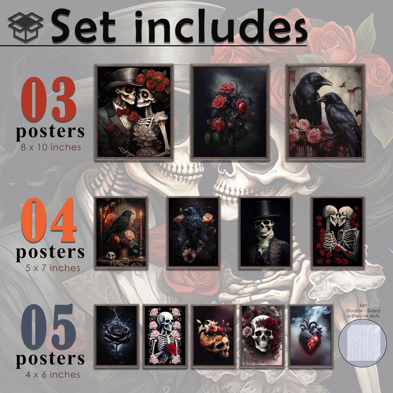 LANCHI95 Romantic Gothic Wall Art, Gothic Home Decor, Wall Art Skull Poster, Halloween Prints Black Raven Decor, Spooky Gallery Prints Moody Floral Aesthetic Pictures for Bedroom (12PCS - UNFRAMED) - Image 2