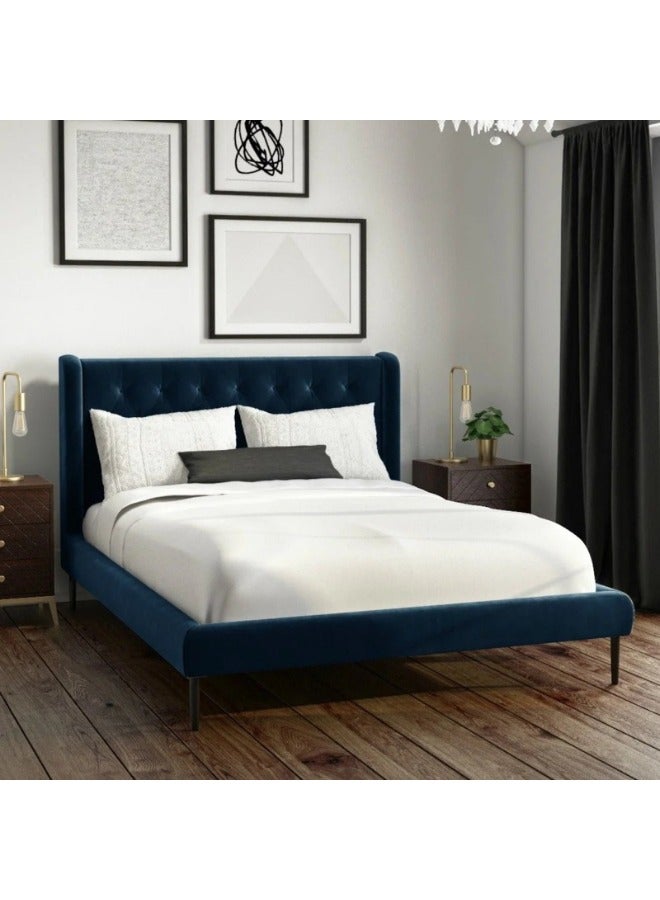 KUSTOMDECO Dream Daze Navy Velvet Small Double Bed Frame With Winged Headboard - Customizable Design for UAE Bedrooms 