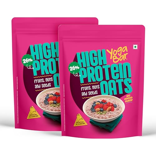 Yogabar 26g High Protein Oats 1kg x 2, Fruits Nuts & Seeds - Breakfast Cereal with Wholegrains, 26% Protein & No added sugar - Oats High Protein for Gym - Premium Protein Blend with Whey Protein Powder - with Goodness of Chia, Sunflower & Pumpkin Seeds & Probiotics for Absorption - Image 1