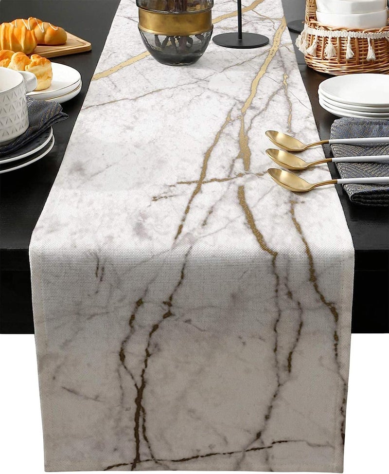 PIEPLE Marble Table Runner-Cotton Linen-Small 36 inches White Gray Gold Dresser Scarves,Texture Tablerunner for Kitchen Coffee/Dining/Sofa/End Table Bedroom Home Living Room,Scarf Decor for Holiday Dinner - Image 1