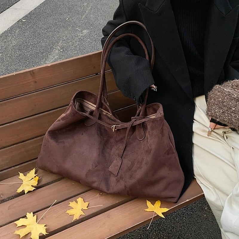 EMGILL Oversized Suede Tote Handbag Elegant Top Handle Purse Fall Winter Satchel Purses for Women Office College Slouchy Hobo Bag - Image 4