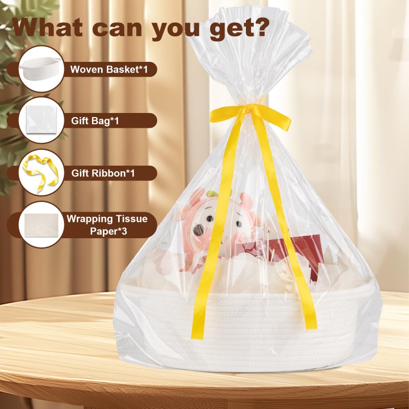 OIAHOMY Gift Basket with Handle, 13.4"x 10"x 5.5" Woven Basket with Gift Bag, Ribbon and Wrap Tissue Paper, Nursery Bins Empty to Fill with Towels, Baby, Pet Toy Organizer - White - Image 2