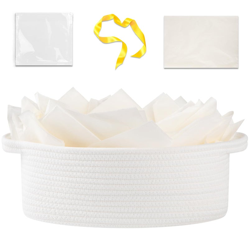 OIAHOMY Gift Basket with Handle, 13.4"x 10"x 5.5" Woven Basket with Gift Bag, Ribbon and Wrap Tissue Paper, Nursery Bins Empty to Fill with Towels, Baby, Pet Toy Organizer - White - Image 1