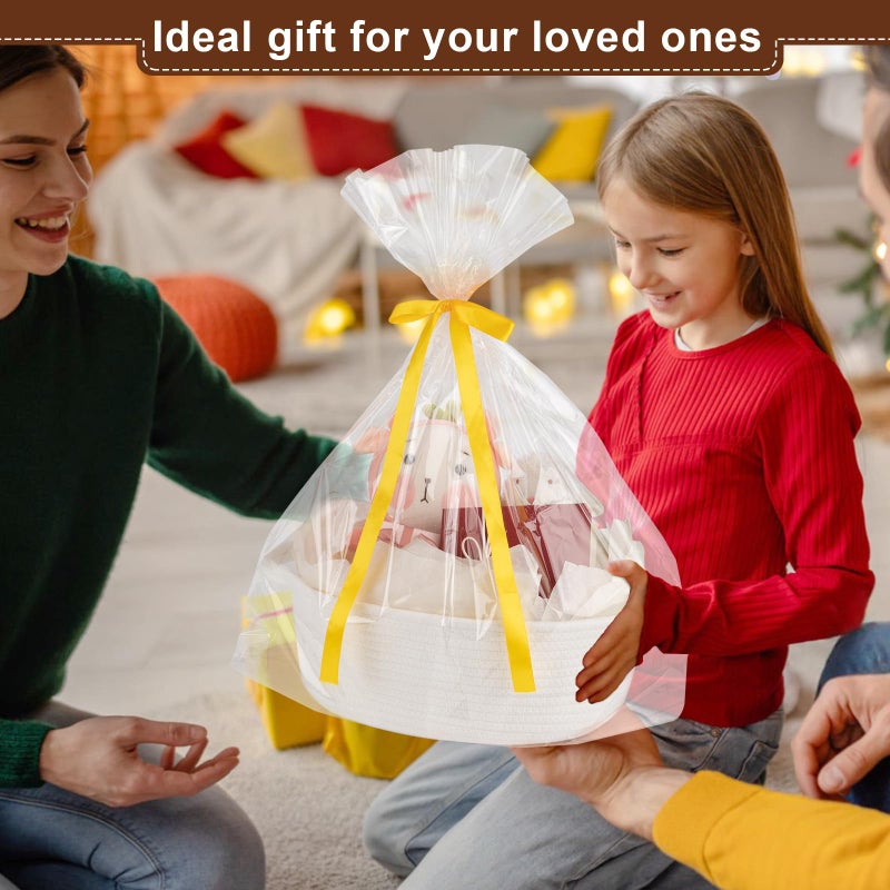 OIAHOMY Gift Basket with Handle, 13.4"x 10"x 5.5" Woven Basket with Gift Bag, Ribbon and Wrap Tissue Paper, Nursery Bins Empty to Fill with Towels, Baby, Pet Toy Organizer - White - Image 3