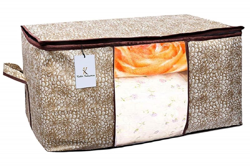 Kuber Industries Metalic Flower Printed 12 Piece Non Woven Fabric Underbed Storage BagCloth OrganiserBlanket Cover with Transparent Window Golden Brown Pink Blue CTKTC41280 - Image 5