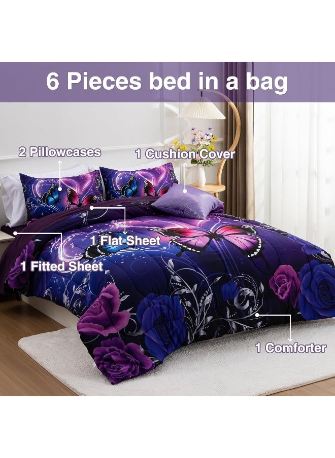 Generic A Nice Night Galaxy 6pcs Bed in A Bag Purple and Blue Dreamy 3D Butterfly Printed, Butterflies Bedding Twin Comforter Set, for Girls Kids Teens  - Image 2