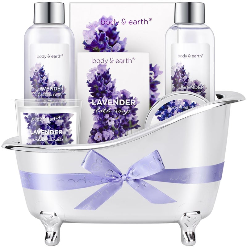 BODY & EARTH Gift Set for Women Body & Earth Gifts for Women Lavender Gift Baskets For Women Bath Sets for Women Gift with Bubble Bath Body Lotion Scented Candle Mothers Day Gifts Bath Gifts for Women