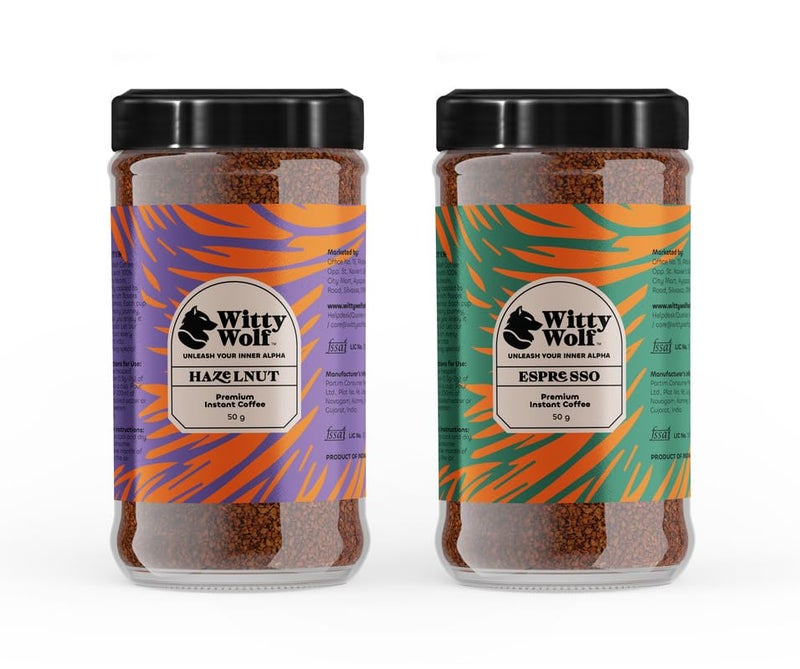 Witty Wolf Premium Hazelnut & Espresso Instant Flavored Coffee Combo (50gm + 50gm) | Espresso, Latte & Cappuccino | Hot & Cold Coffee (Pack of 2) - Image 1