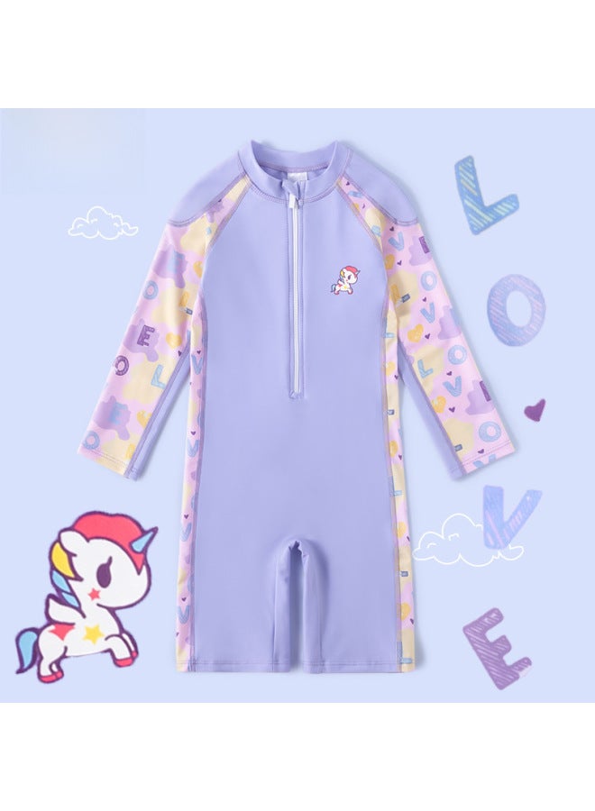 Loquat Children's Swimsuit Girls' Medium And Large Children's One-piece 2023 Little Princess Western Style Baby Long Sleeve Sun Protection Swimming Equipment-Color:Purple Trousers- - Image 2