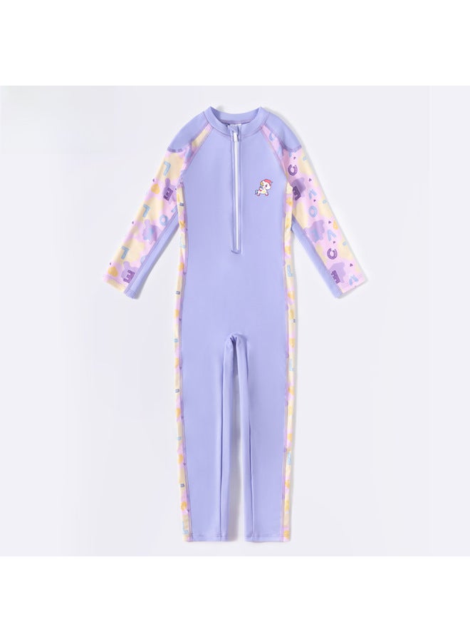 Loquat Children's Swimsuit Girls' Medium And Large Children's One-piece 2023 Little Princess Western Style Baby Long Sleeve Sun Protection Swimming Equipment-Color:Purple Trousers- - Image 1