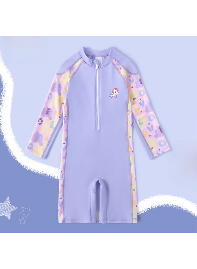 Loquat Children's Swimsuit Girls' Medium And Large Children's One-piece 2023 Little Princess Western Style Baby Long Sleeve Sun Protection Swimming Equipment-Color:Purple Trousers- - Image 3