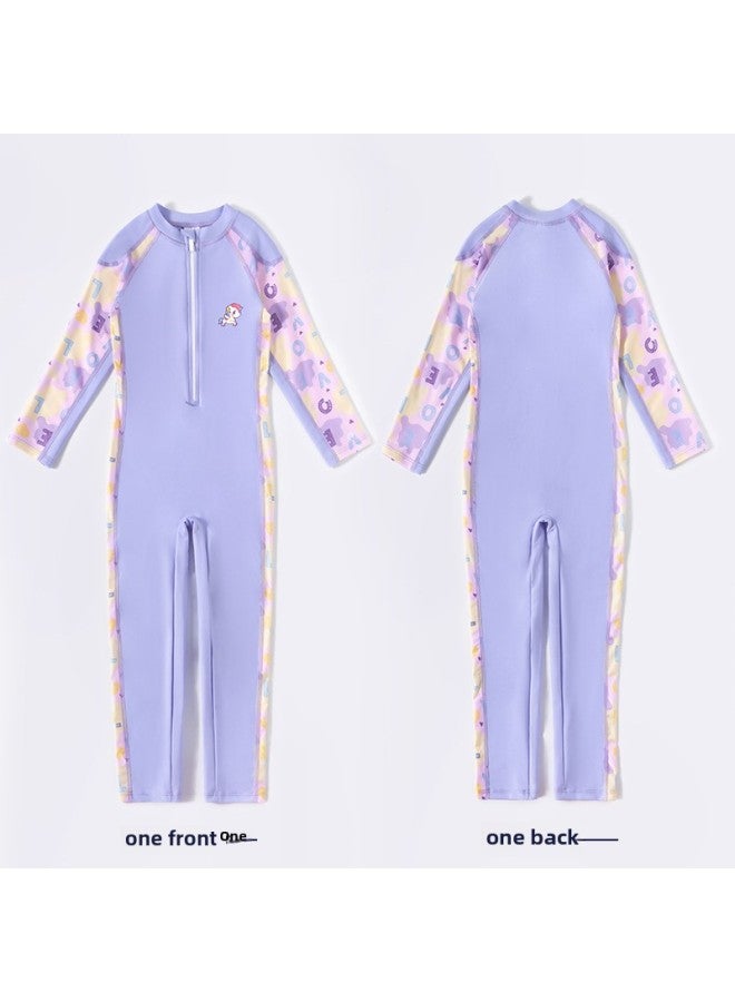 Loquat Children's Swimsuit Girls' Medium And Large Children's One-piece 2023 Little Princess Western Style Baby Long Sleeve Sun Protection Swimming Equipment-Color:Purple Trousers- - Image 4