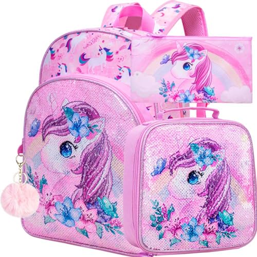 KLFVB 3PCS Unicorn Backpack for Girls, 16" Sequin Kids Bookbag and Lunch Box, Preschool Backpacks for Elementary Students - Image 1