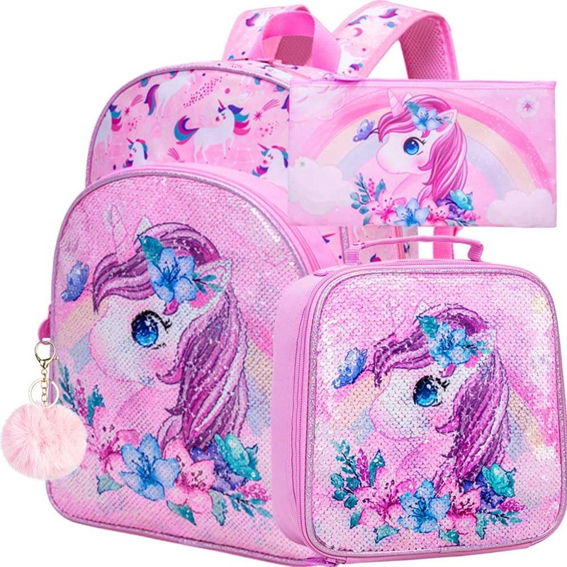 KLFVB 3PCS Unicorn Backpack for Girls, 16" Sequin Kids Bookbag and Lunch Box, Preschool Backpacks for Elementary Students - Image 3