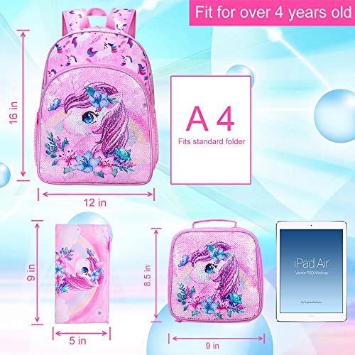 KLFVB 3PCS Unicorn Backpack for Girls, 16" Sequin Kids Bookbag and Lunch Box, Preschool Backpacks for Elementary Students - Image 4