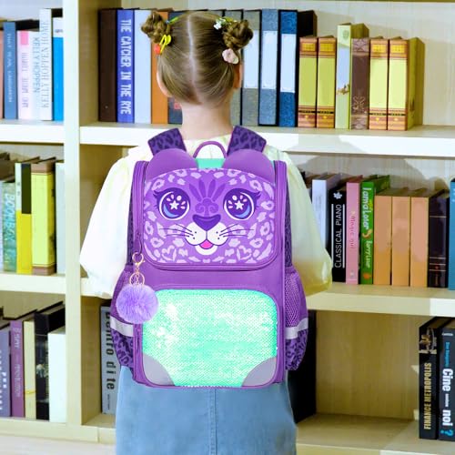 KLFVB 3PCS Girls Backpack, 15" Sequin Bookbag with Lunch Box, Kids Preschool School Bag for Elementary Toddler Students - Purple Leopard - Image 2
