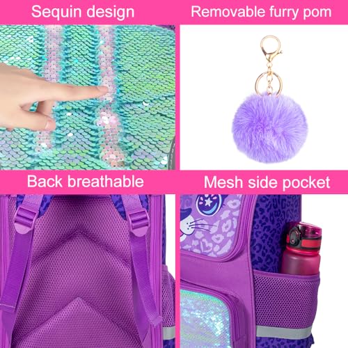 KLFVB 3PCS Girls Backpack, 15" Sequin Bookbag with Lunch Box, Kids Preschool School Bag for Elementary Toddler Students - Purple Leopard - Image 5
