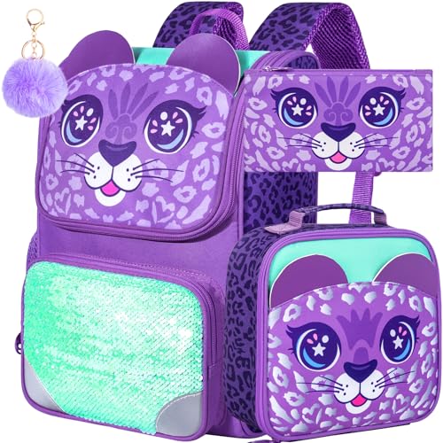 KLFVB 3PCS Girls Backpack, 15" Sequin Bookbag with Lunch Box, Kids Preschool School Bag for Elementary Toddler Students - Purple Leopard - Image 1