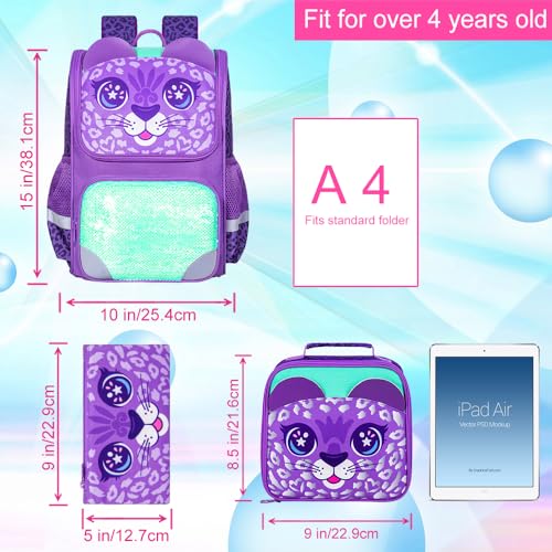 KLFVB 3PCS Girls Backpack, 15" Sequin Bookbag with Lunch Box, Kids Preschool School Bag for Elementary Toddler Students - Purple Leopard - Image 4