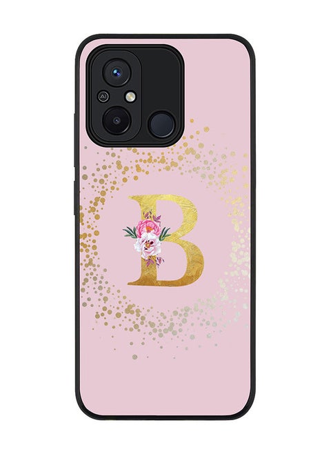 Rugged Black edge case for Xiaomi Redmi 12C 4G, Slim fit Soft Case Flexible Rubber Edges Anti Drop TPU Gel Thin Cover -  Custom Monogram Initial Letter Floral Pattern Alphabet - B  (Pink )