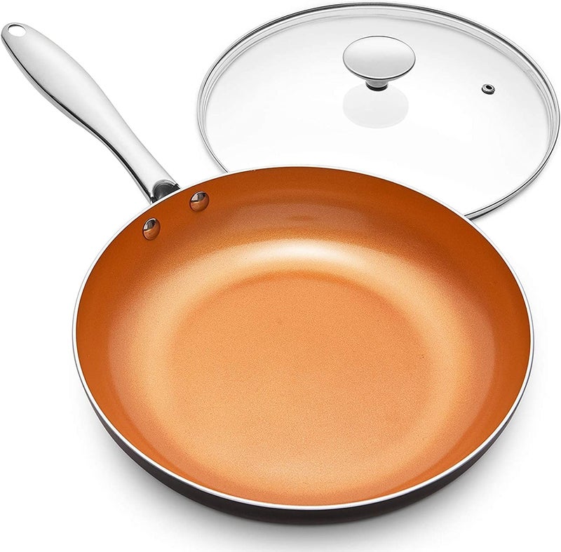 MICHELANGELO 12 Inch Frying Pan with Lid Nonstick Copper Frying Pan Non Stick Ceramic Skillet with Lid Large Copper Pan NonStick Induction Compatible