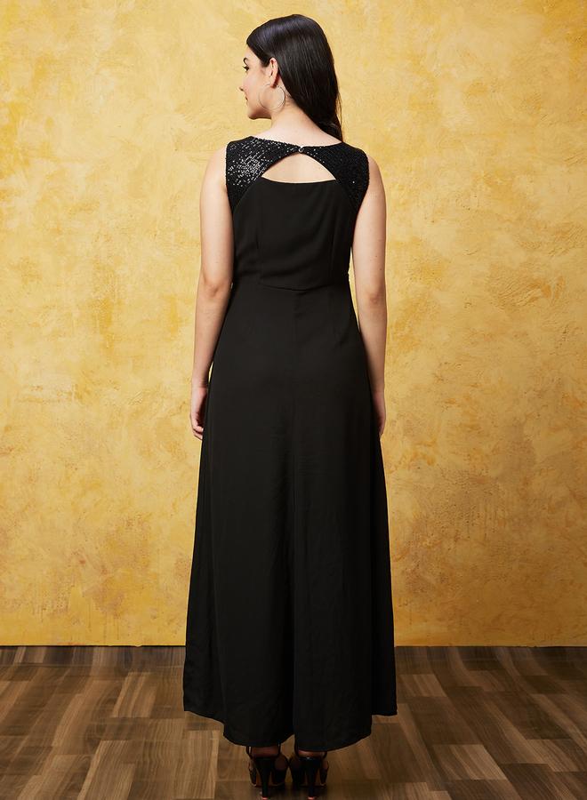 Globus Women Black Embellished V Neck A-Line Maxi Dress with Pin Tuck - Image 3