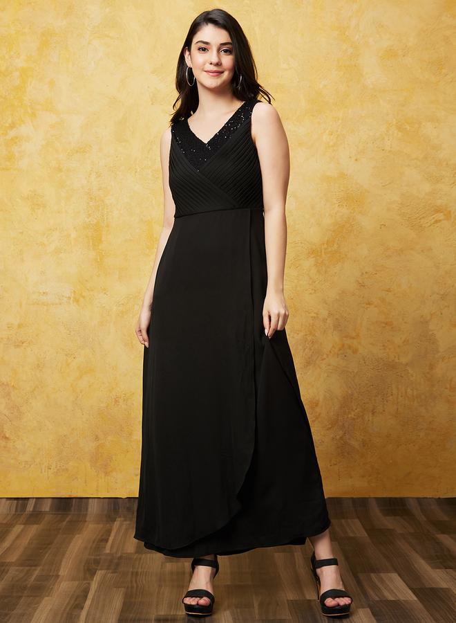 Globus Women Black Embellished V Neck A-Line Maxi Dress with Pin Tuck - Image 2