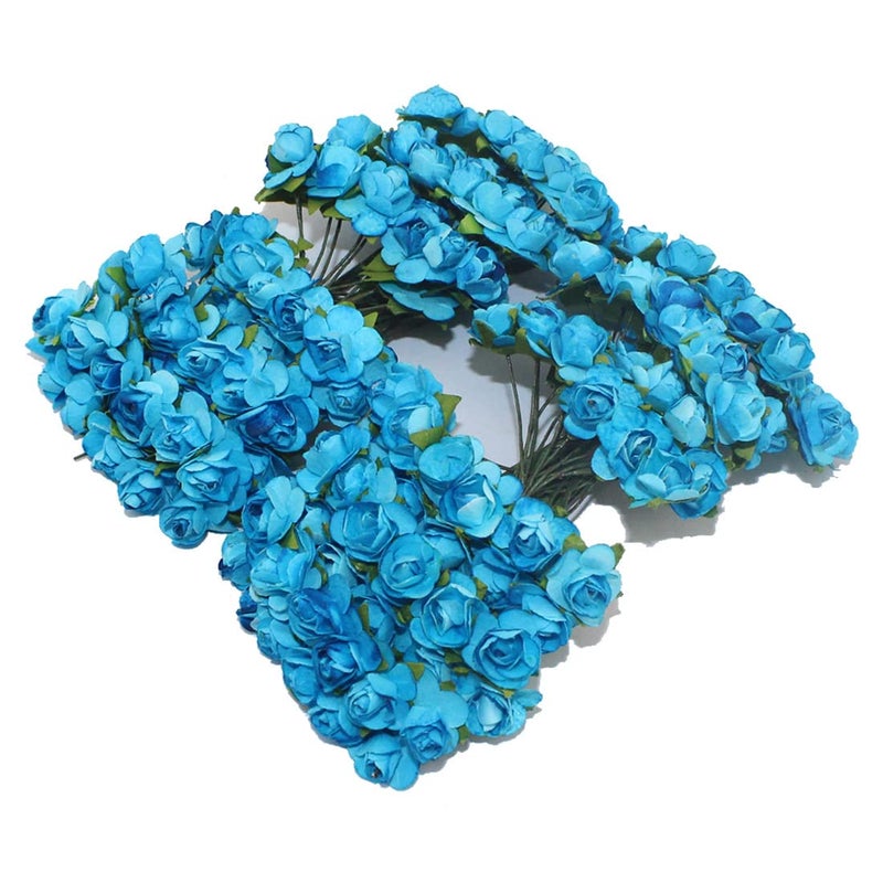 CCINEE 144pcs Mini Paper Flowers Mulberry Paper 1/2"" Artificial Rose Flower with Stem for DIY Crafts Projects Scrapbooking Wedding Decorations (Blue)