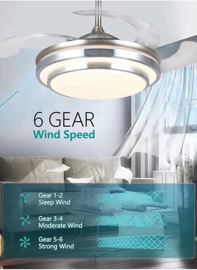 MODI - Modern 42 Inch Remote Control Retractable Blade Invisible Speaker Ceiling Fan With Light and Remote Control  in SILVER - Image 1